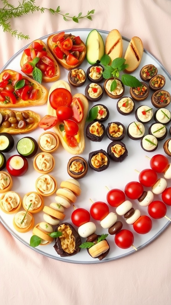 A beautifully arranged platter of various elegant appetizers including bruschetta, crab cakes, stuffed mushrooms, puff pastry bites, and caprese skewers.